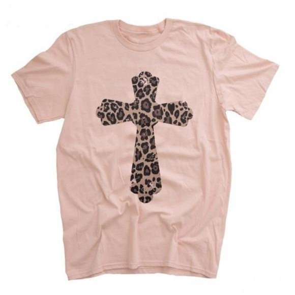 Pink Peplum Boutique Tops - Women's Top Leopard Print Cross Graphic Tee Shirt.